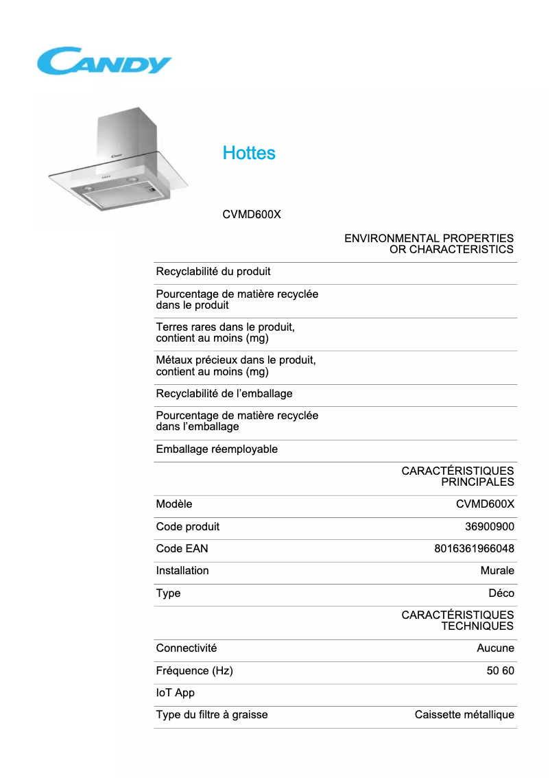 Page 1 de la notice Fiche technique Candy CVMD 600 X