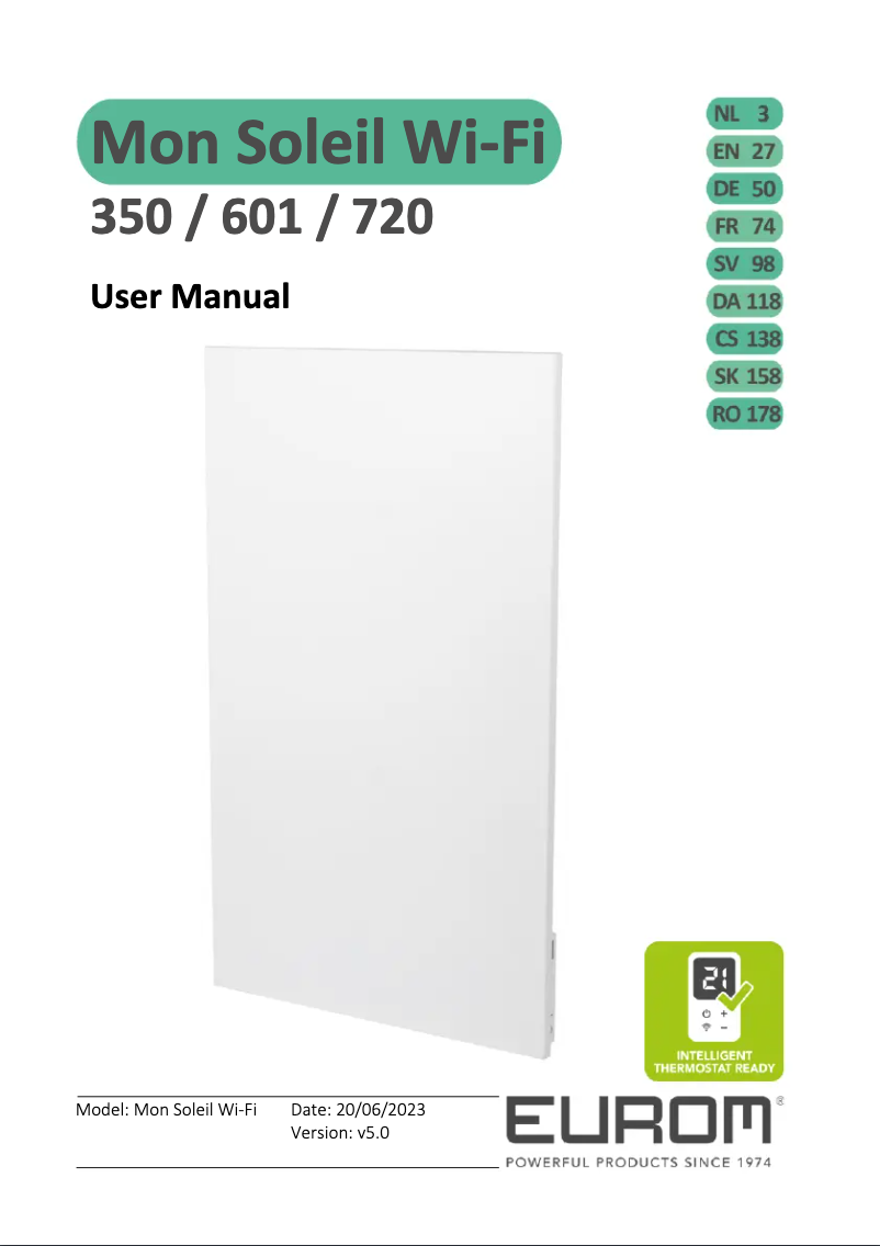 Page 1 de la notice Manuel utilisateur Eurom Mon Soleil 720 WiFi