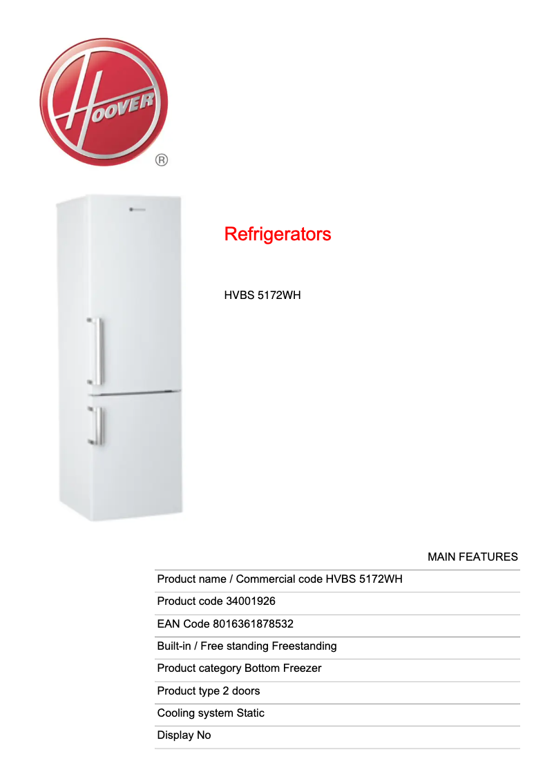 Page n°1 - Manuel utilisateur Hoover VISION HVBS 5172WH