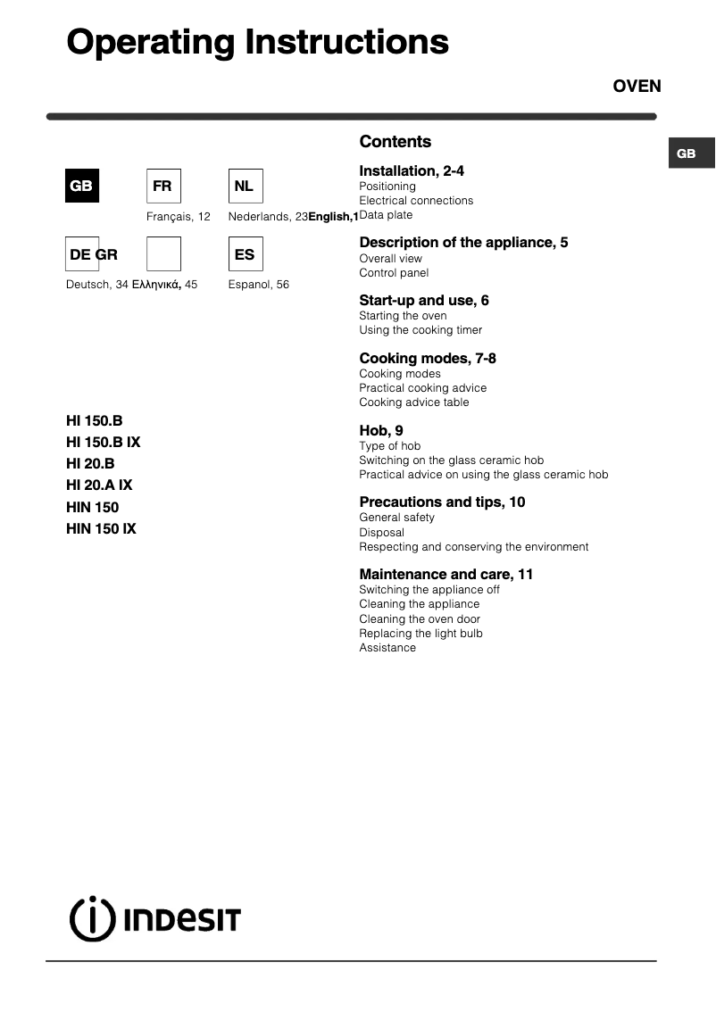 Page n°1 - Manuel utilisateur Indesit HIN 150 (WH)