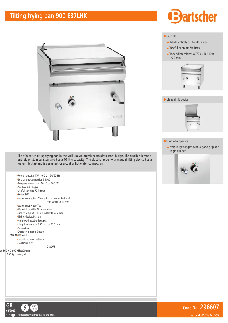 Page n°1 - Fiche technique Bartscher 900 E87LHK