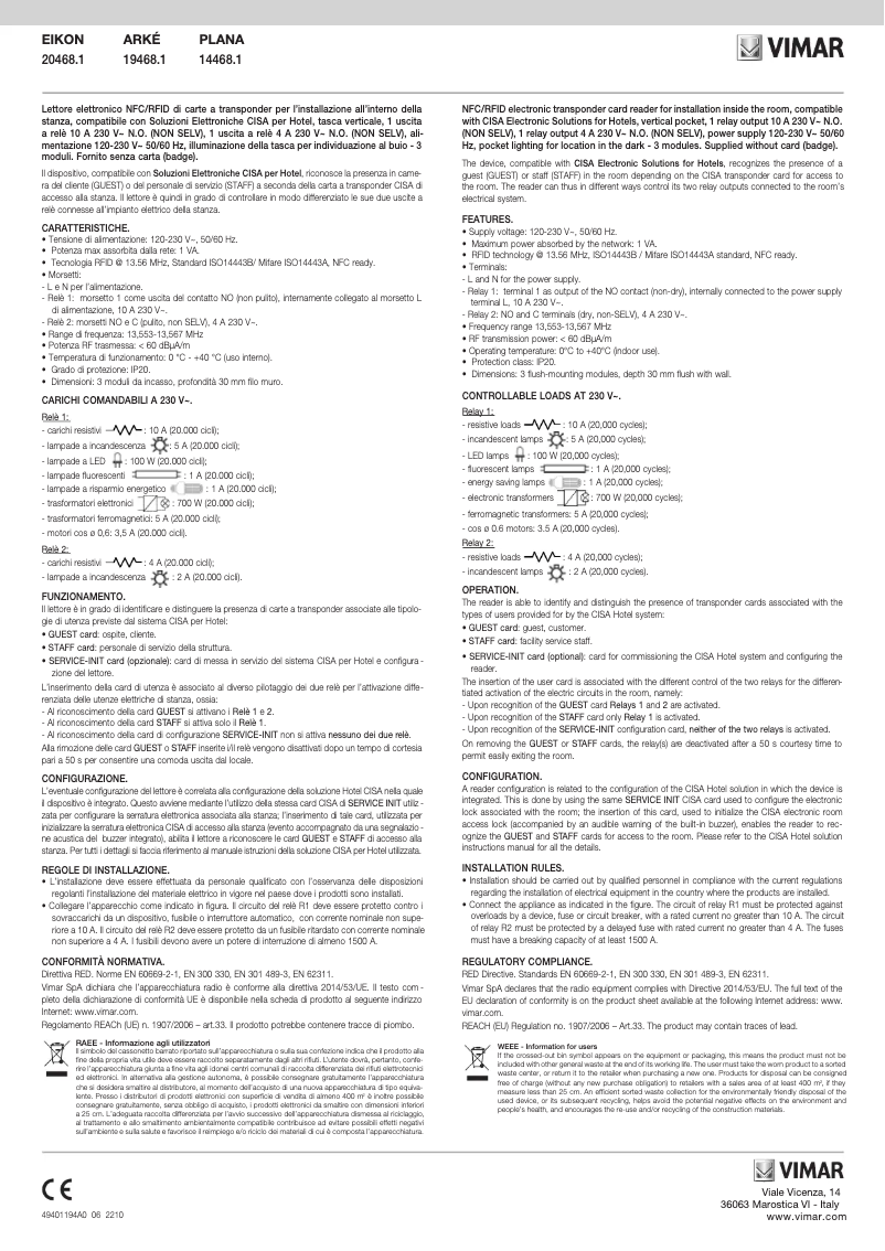 Page 1 de la notice Manuel utilisateur Vimar 20468.1