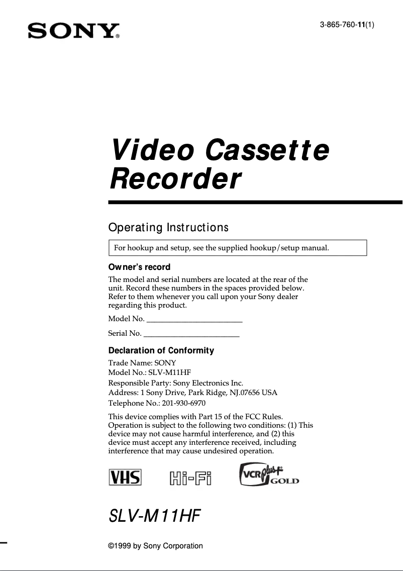 Page n°1 - Manuel utilisateur Sony SLV-M11HF