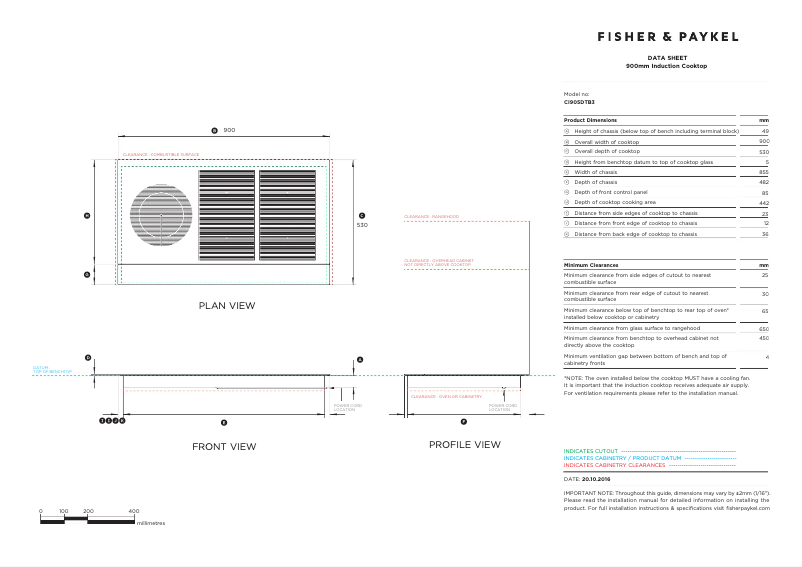 Page 1 de la notice Fiche technique Fisher & Paykel CI905DTB3