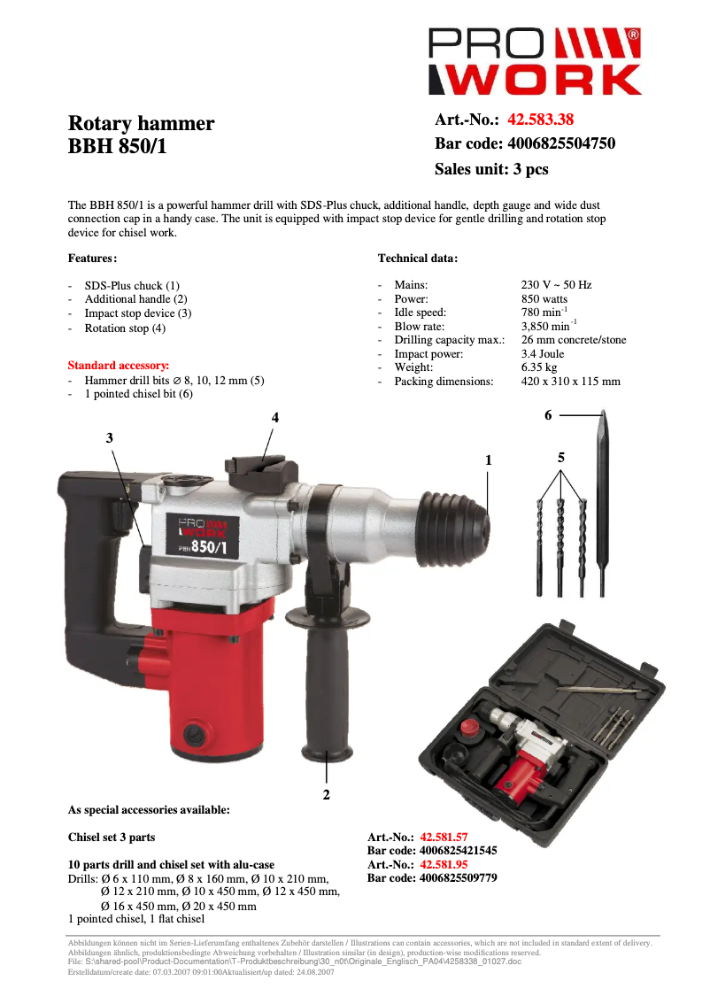 Page 1 de la notice Fiche technique Prowork PBH 850/1