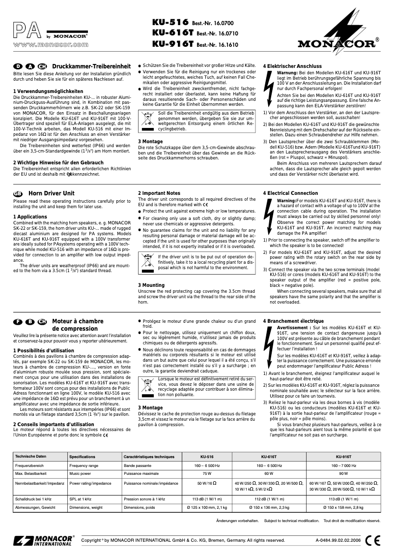 Page 1 de la notice Manuel utilisateur Monacor KU-916T