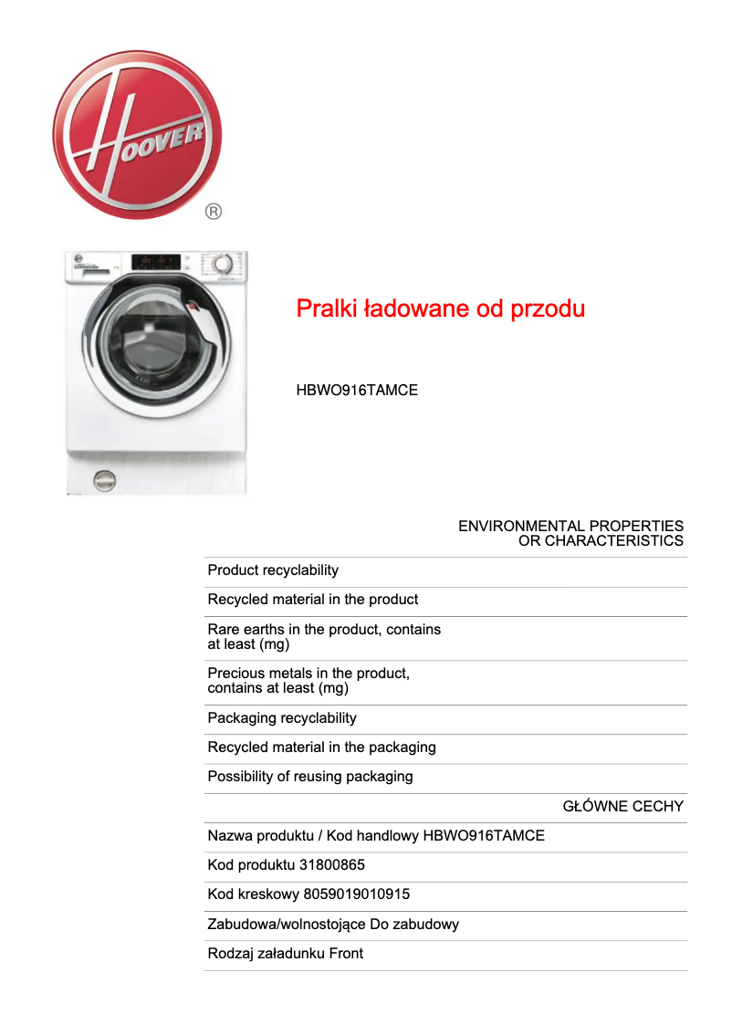 Page 1 de la notice Fiche technique Hoover HBWO916TAMCE