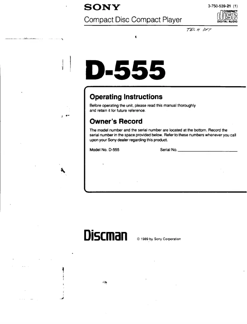 Image de la première page du manuel de l'appareil Discman D-555