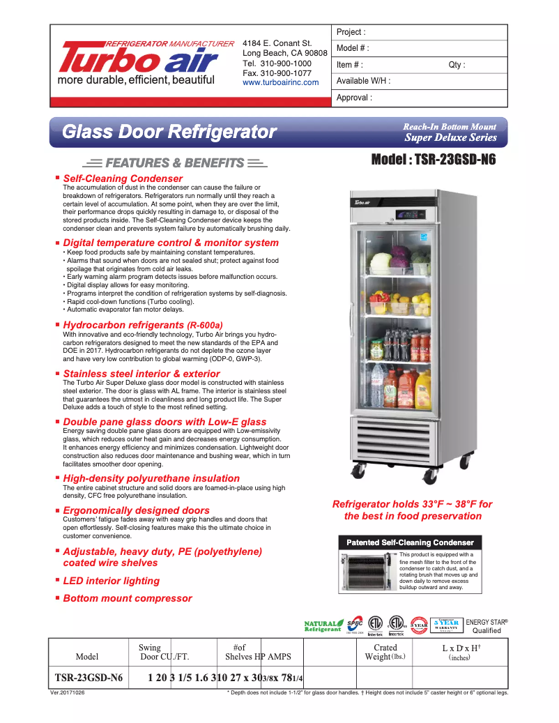 Página 1 del manual Ficha técnica Turbo air MSR-23G-1