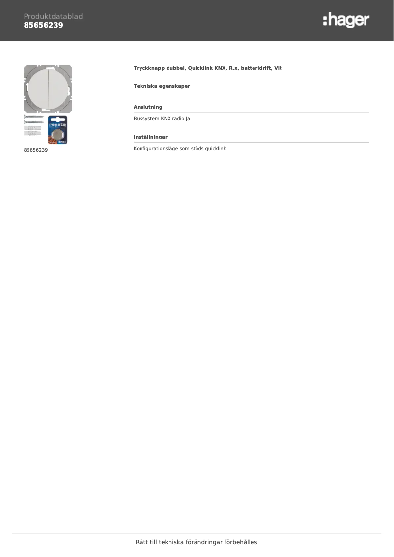 Page 1 of the manual Technical Sheet Hager 85656239