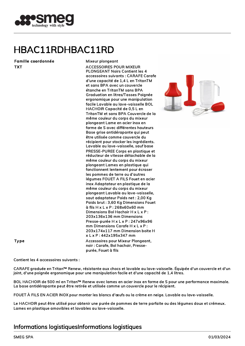 Page 1 de la notice Fiche technique Smeg HBAC11