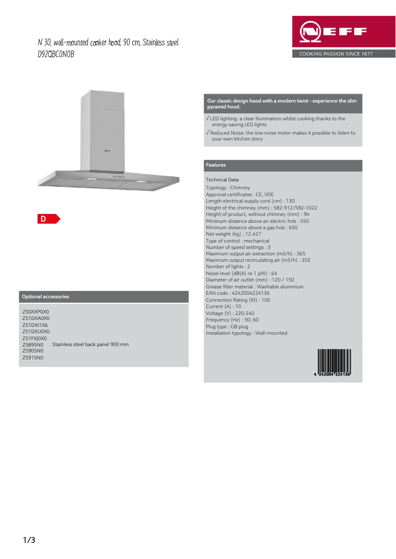 Page 1 de la notice Fiche technique Neff D92QBC0N0B