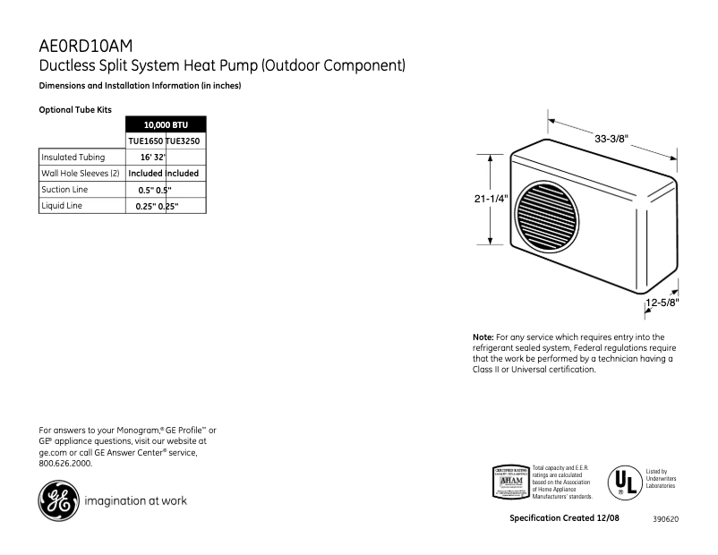 Page 1 de la notice Fiche technique GE AE0RD10AM