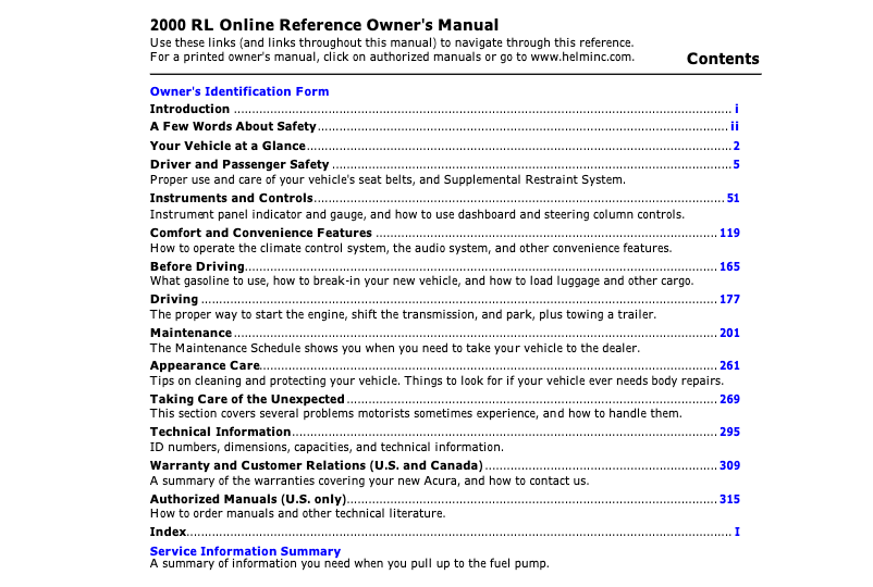 Page 1 de la notice Manuel utilisateur Acura RL (2000)
