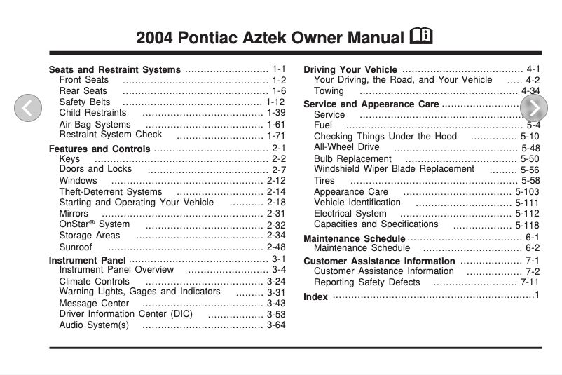 Page n°1 - Manuel utilisateur Pontiac Aztek (2004)