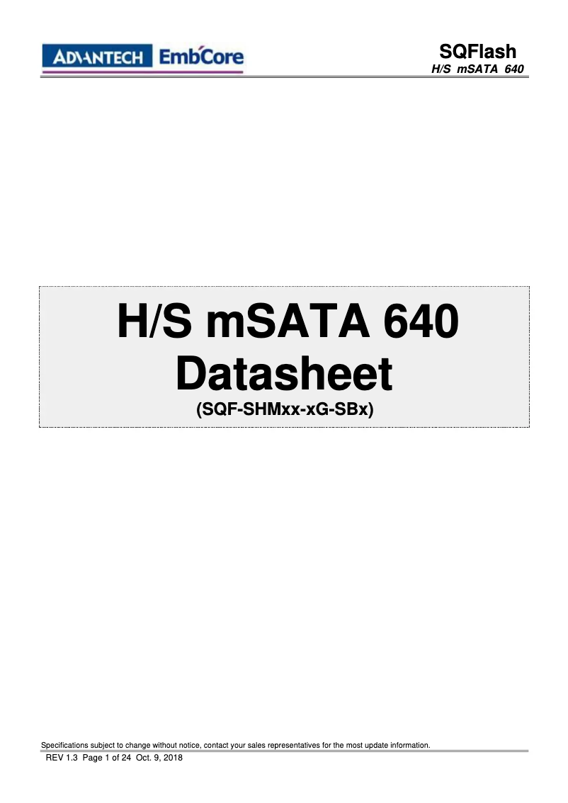 Page 1 de la notice Manuel utilisateur Advantech SQF-SHM 640