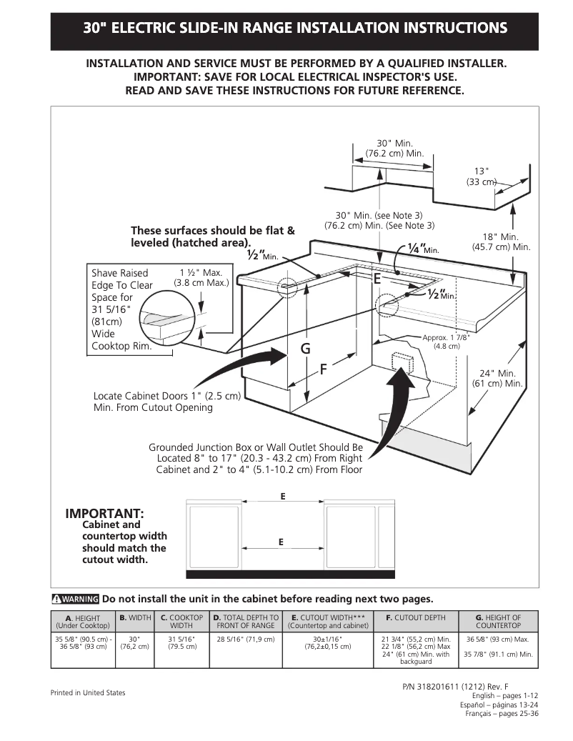 Page n°1 - Guide d'installation Frigidaire PLES389EC