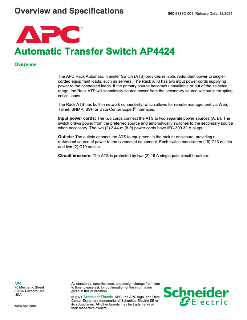Page 1 de la notice Fiche technique APC AP4424