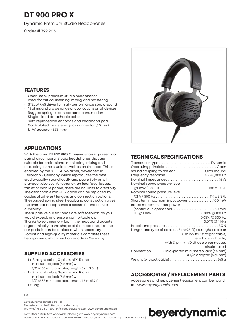 Page 1 de la notice Fiche technique Beyerdynamic DT 900 Pro X