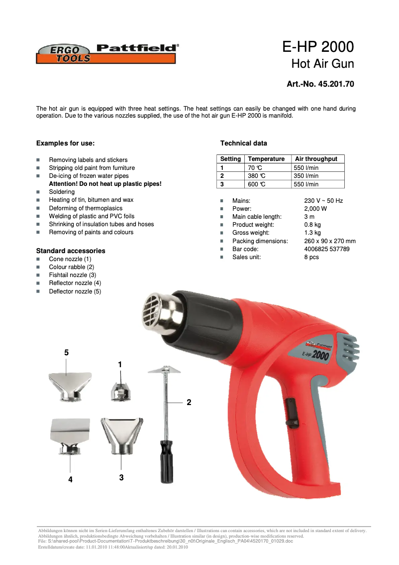 Page n°1 - Fiche technique Ergotools Pattfield E-HP 2000