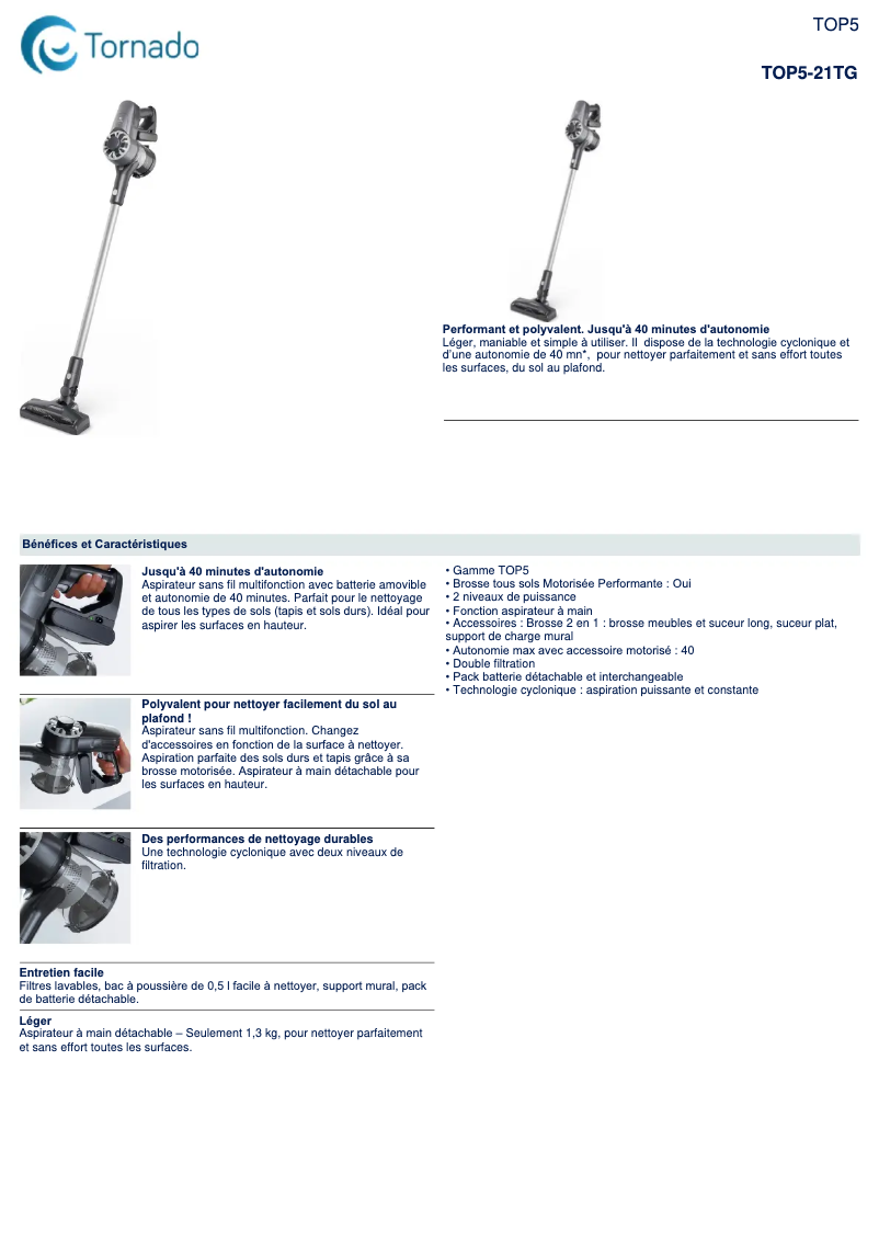 Page 1 de la notice Fiche technique Electrolux TOP5-21TG