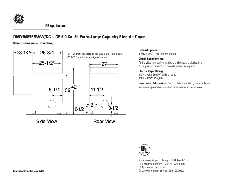 Page n°1 - Fiche technique GE DWXR485EBWW