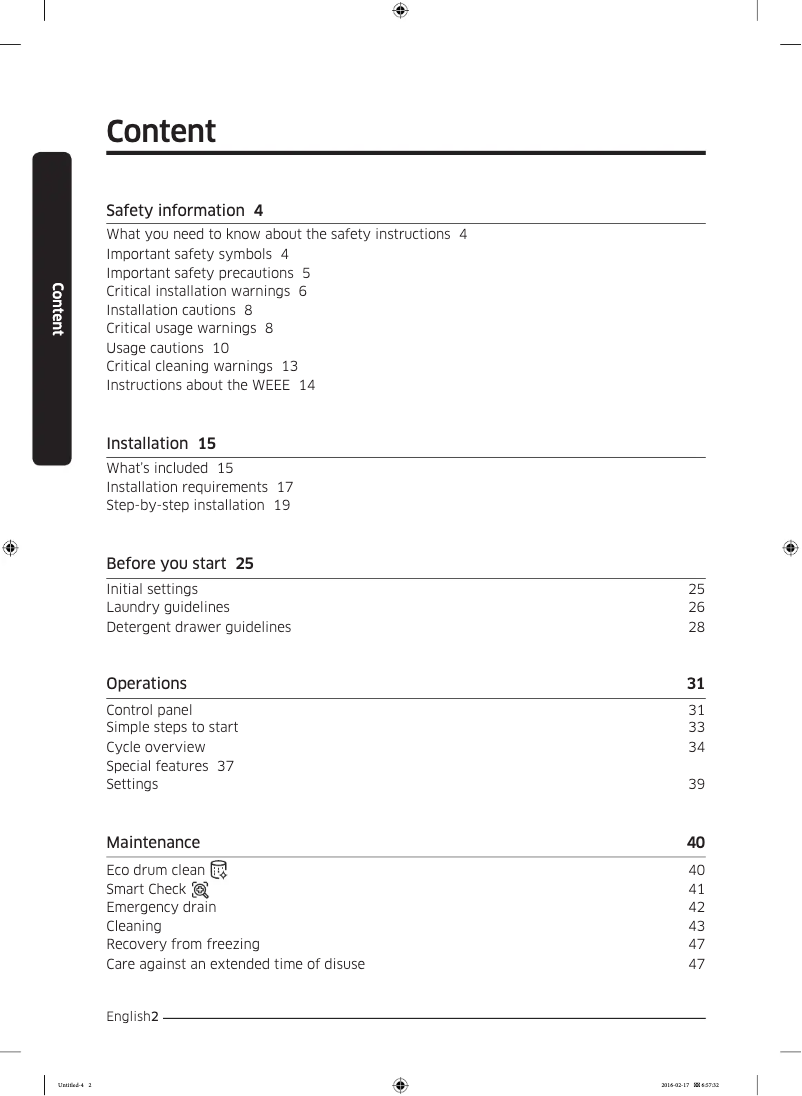 Page n°1 - Guide d'installation Samsung WW70K5410UW