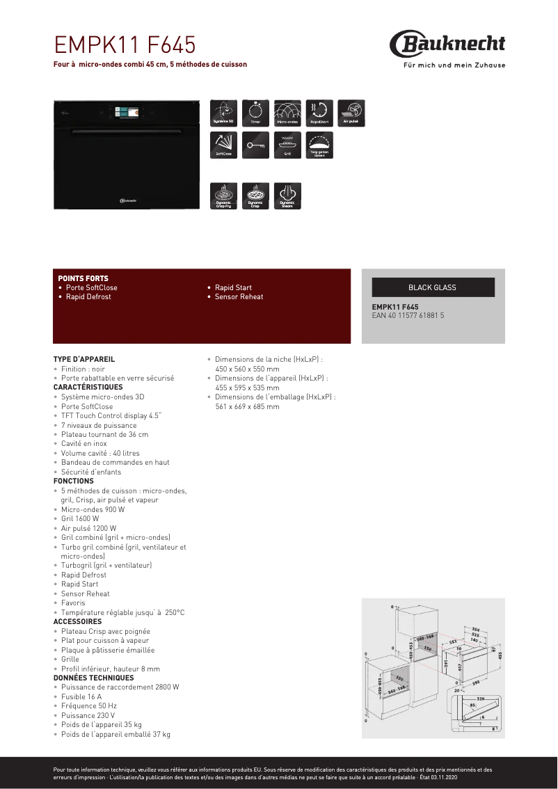 Page 1 de la notice Fiche technique Bauknecht EMPK11 F645