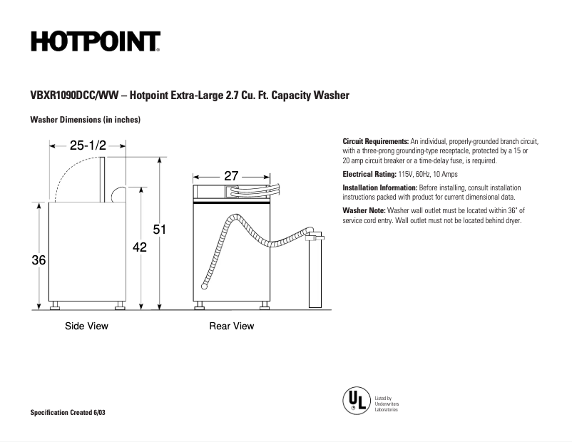 Page 1 de la notice Fiche technique Hotpoint VBXR1090DCC