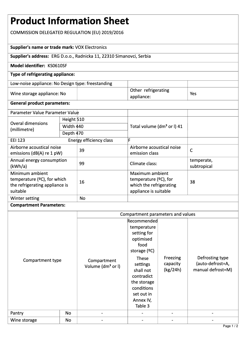 Page 1 de la notice Fiche technique VOX KS 1430 SF