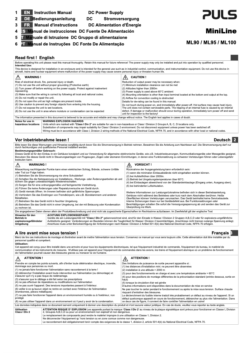 Page n°1 - Manuel utilisateur Puls Dimension MiniLine ML100
