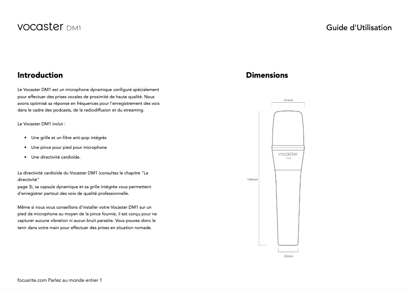 Page 1 de la notice Manuel utilisateur Focusrite Vocaster DM1