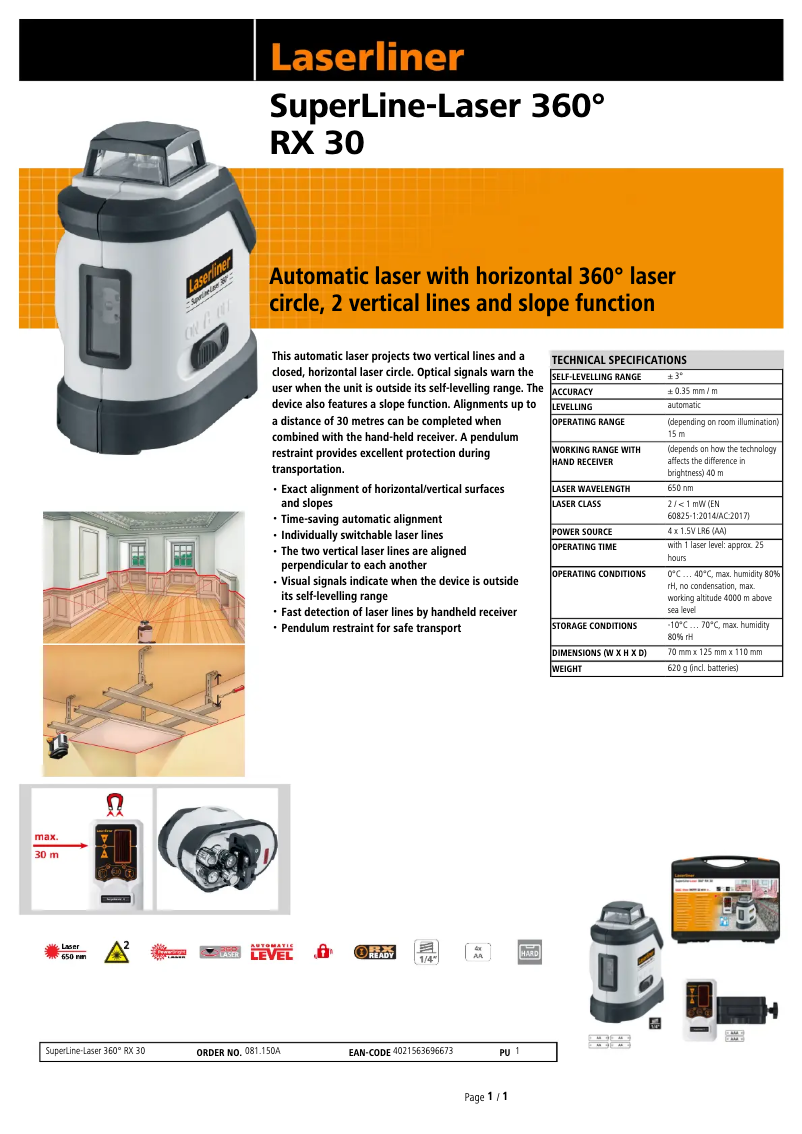 Página 1 del manual Ficha técnica Laserliner SuperLine-Laser RX30