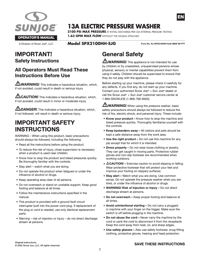 Page 1 de la notice Manuel utilisateur Sun Joe SPX2100HH-SJG