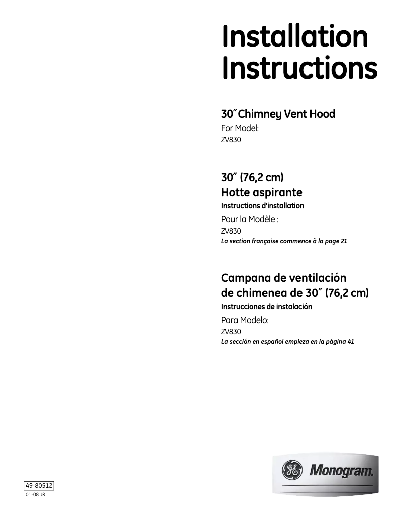 Page 1 de la notice Guide d'installation Monogram ZV830SMSS