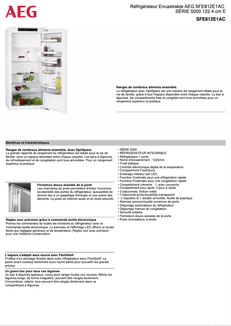 Page 1 de la notice Fiche technique AEG SFE812E1AC