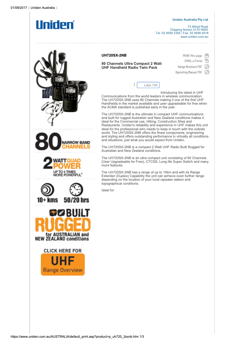 Page 1 de la notice Manuel utilisateur Uniden UH720SX-2NB