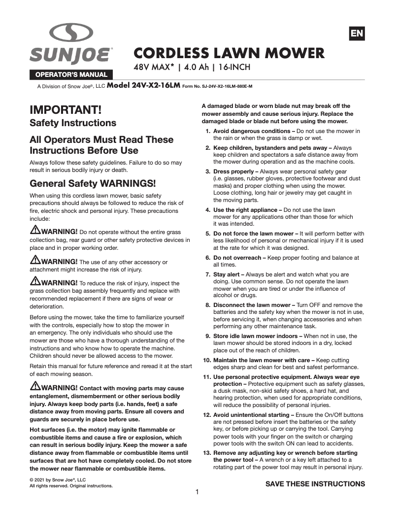 Page 1 de la notice Manuel utilisateur Sun Joe 24V-X2-16LM