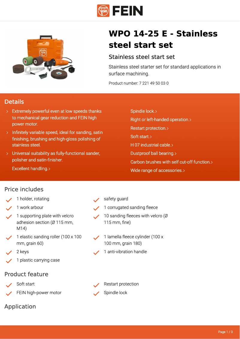 Página 1 del manual Ficha técnica Fein WPO 14-25 E