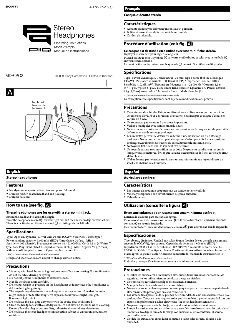 Página 1 del manual Manual de usuario Sony MDR-PQ3