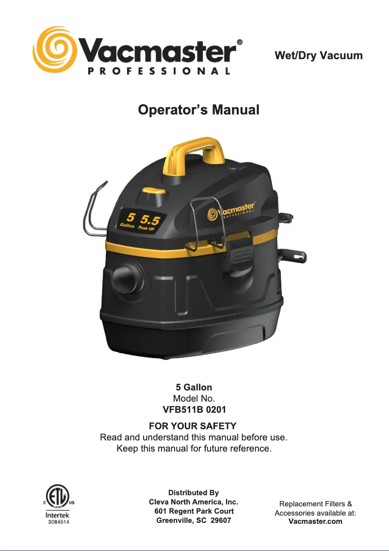 Page 1 de la notice Manuel utilisateur Vacmaster Professional VFB511B 0201