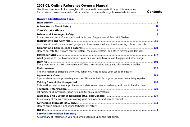 Page 1 de la notice Manuel utilisateur Acura CL (2003)