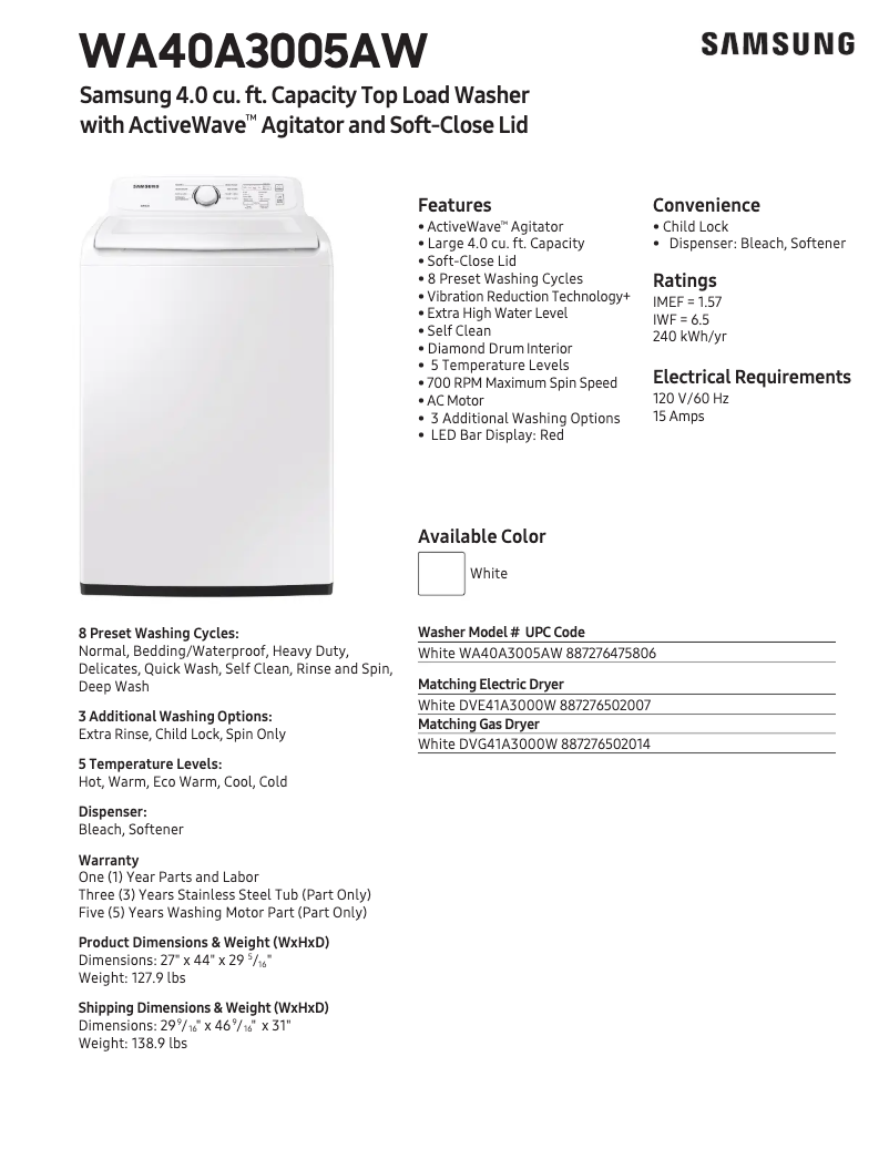 Page n°1 - Fiche technique Samsung WA40A3005AW