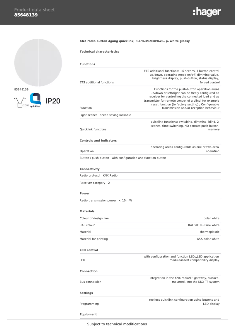 Page n°1 - Fiche technique Hager 85648139