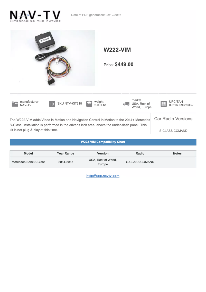 Página 1 del manual Ficha técnica NAV-TV W222-VIM VNTV-KIT618