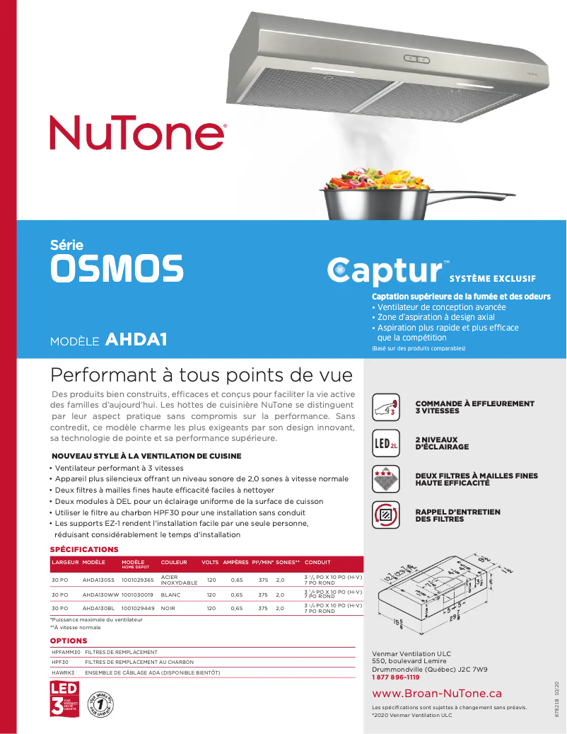 Page 1 de la notice Brochure NuTone AHDA130WW