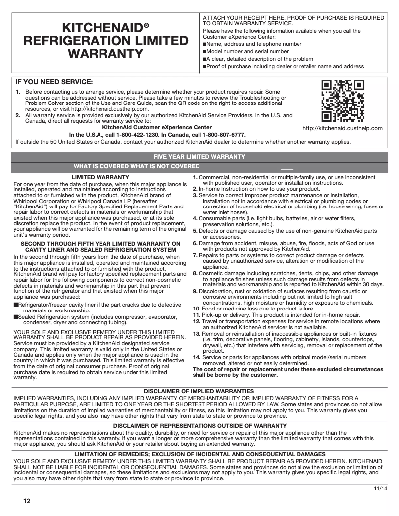 Page 1 de la notice Informations de garantie KitchenAid KUWL304ESS