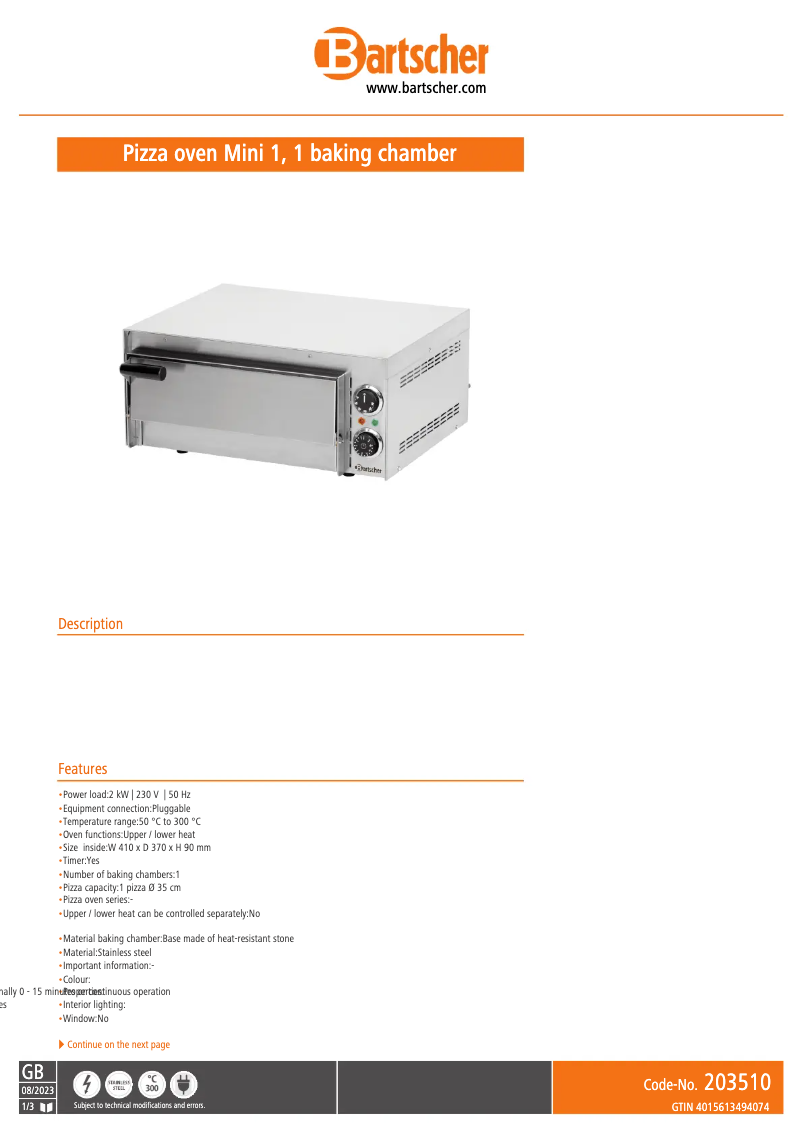 Page 1 de la notice Fiche technique Bartscher Mini 1