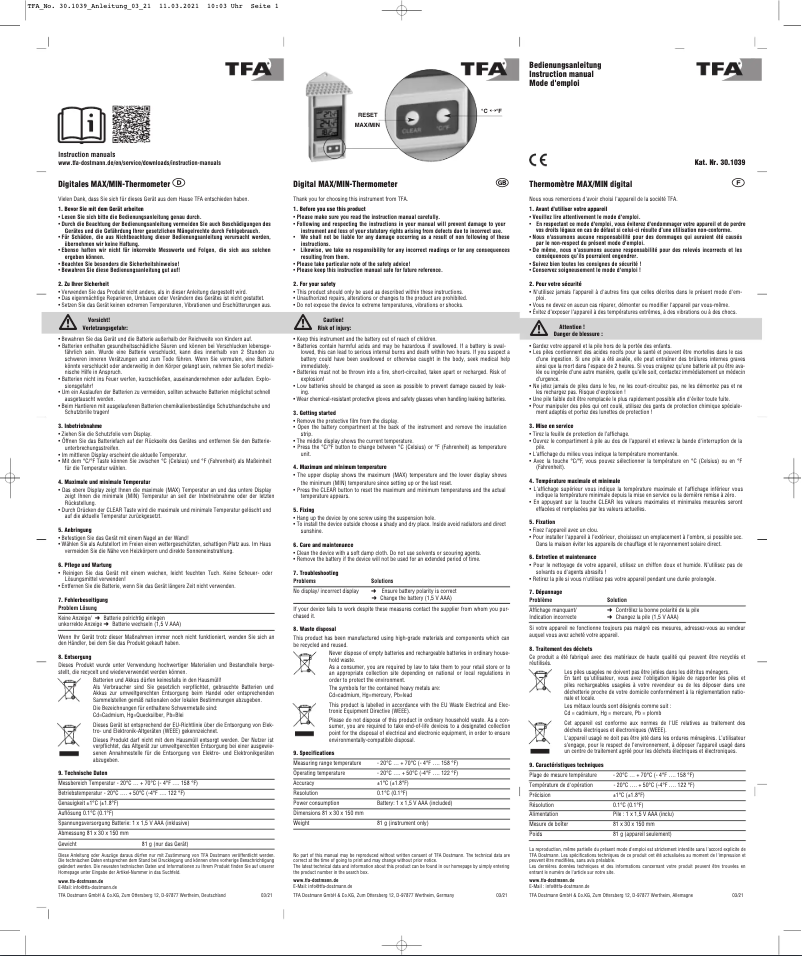 Page n°1 - Manuel utilisateur TFA 30.1039