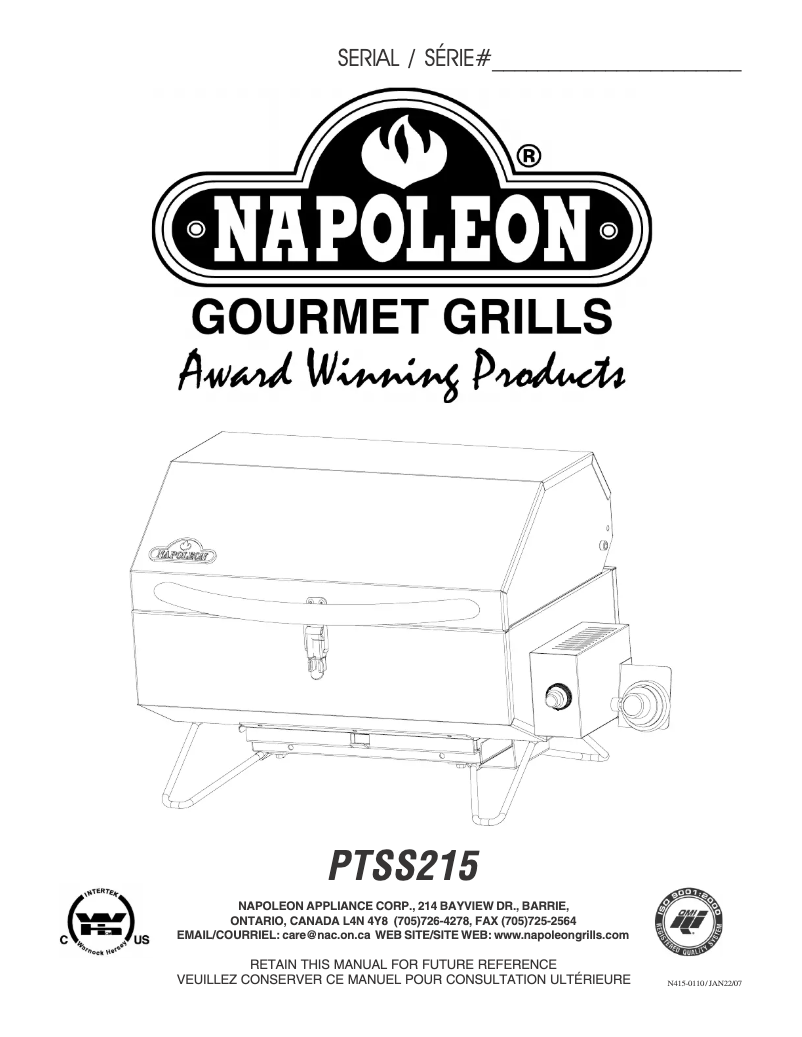 Page n°1 - Manuel utilisateur Napoleon PTSS215PI